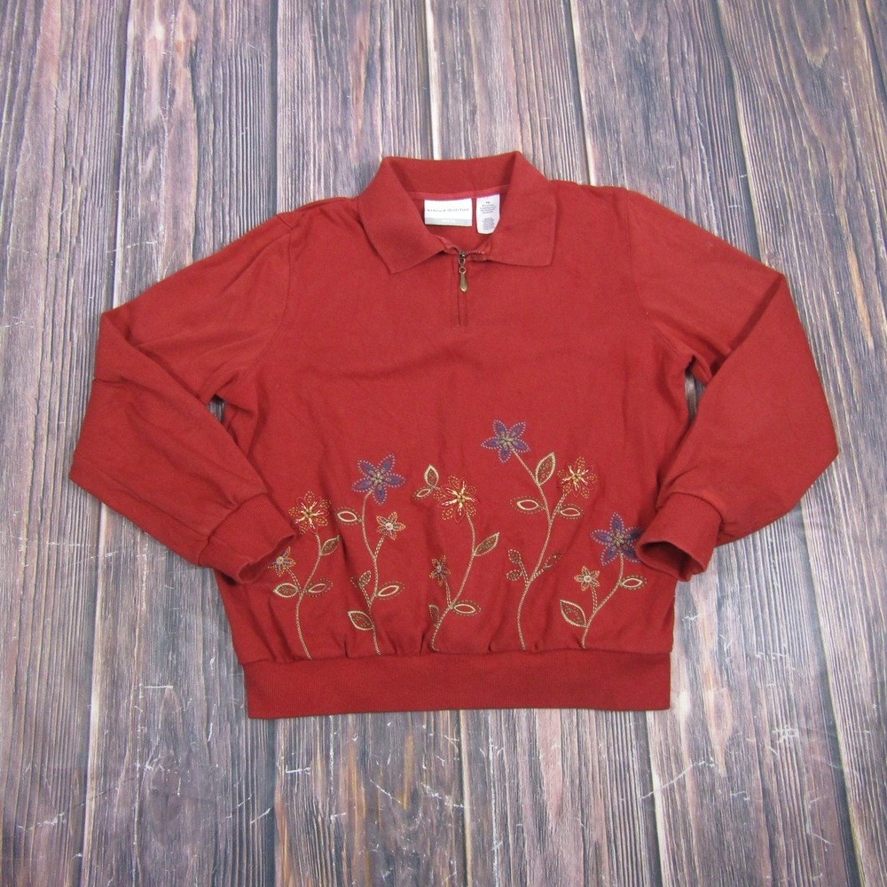 Alfred Dunner Polo Women PS Red Embroidered Floral Zip Long Sleeve Granny Core
